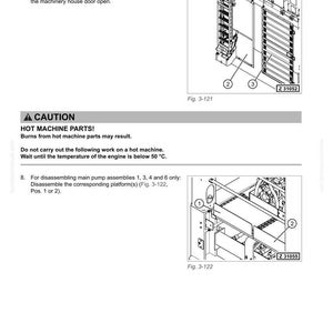 May include: Diagram of machinery components with labels and callouts. Includes a warning about hot machine parts. The image is from a technical manual, showing detailed assembly instructions.