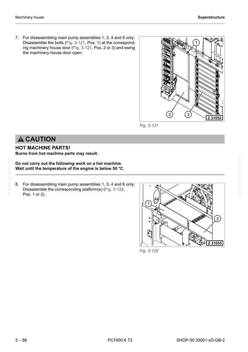May include: Diagram of machinery components with labels and callouts. Includes a warning about hot machine parts. The image is from a technical manual, showing detailed assembly instructions.
