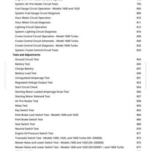 May include: A page from a manual with a list of tests and adjustments for an engine. The text includes various circuit operations, tests, and switch tests, such as "Engine Coolant Temperature Gauge Circuit Operation" and "Battery Test."