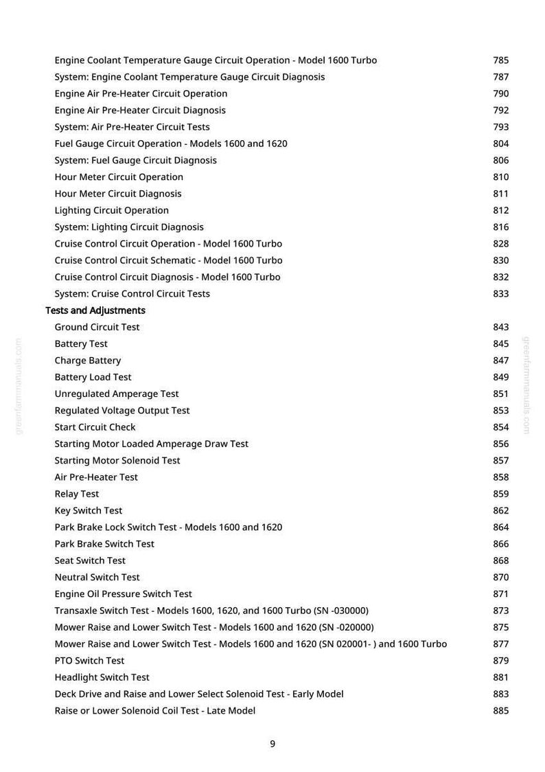 May include: A page from a manual with a list of tests and adjustments for an engine. The text includes various circuit operations, tests, and switch tests, such as "Engine Coolant Temperature Gauge Circuit Operation" and "Battery Test."