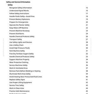 Puede incluir: Una p&aacute;gina blanca de un manual, titulada "Tabla de Contenidos". El texto enumera temas de seguridad como "Manejar fluidos de forma segura", "Prevenir explosiones de bater&iacute;as" y "Dar servicio a los neum&aacute;ticos de forma segura".