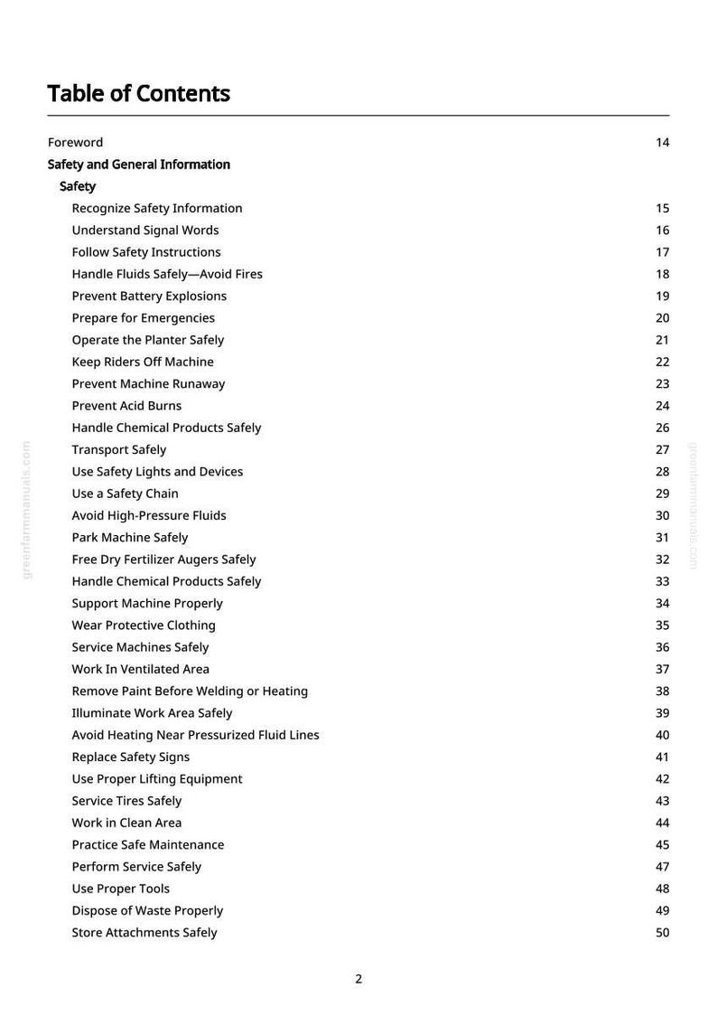 Puede incluir: Una p&aacute;gina blanca de un manual, titulada "Tabla de Contenidos". El texto enumera temas de seguridad como "Manejar fluidos de forma segura", "Prevenir explosiones de bater&iacute;as" y "Dar servicio a los neum&aacute;ticos de forma segura".
