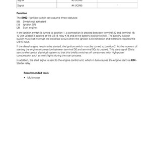 Może przedstawiać: Schemat instalacji elektrycznej ciągnika Fendt, szczeg&oacute;łowo opisujący przełącznik zapłonu S002 i jego funkcje. Zawiera przypisania pin&oacute;w i zalecane narzędzia, takie jak multimetr. Tekst na obrazku.