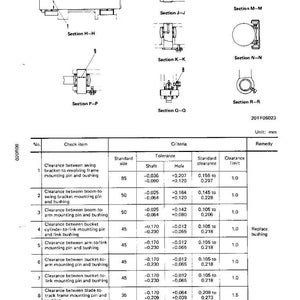 May include: Technical diagram with multiple detailed mechanical drawings, including cross-sections labeled H-H, J-J, K-K, M-M, N-N, P-P, Q-Q, and R-R. The diagram includes a table with measurements in millimeters, tolerances, and clearance limits.