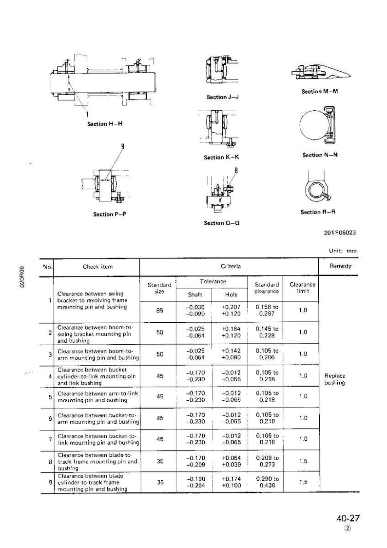May include: Technical diagram with multiple detailed mechanical drawings, including cross-sections labeled H-H, J-J, K-K, M-M, N-N, P-P, Q-Q, and R-R. The diagram includes a table with measurements in millimeters, tolerances, and clearance limits.