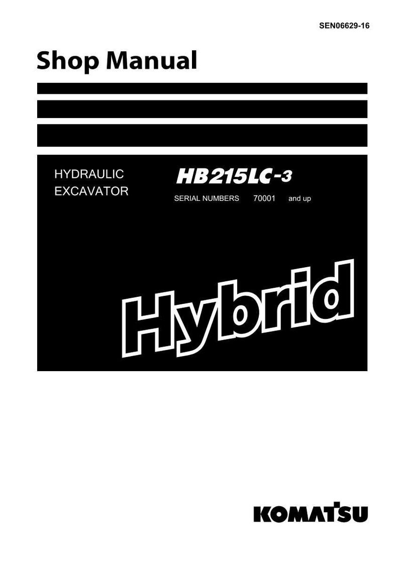 May include: A shop manual with the title "Shop Manual" at the top. The manual includes the text "HYDRAULIC EXCAVATOR" and "HB215LC-3". The word "Hybrid" is prominently displayed. The Komatsu logo is at the bottom.