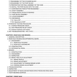 May include: A page from a tractor service manual, titled "MF1735M, MF1740M TRACTOR SERVICE MANUAL." The table of contents lists various repair and maintenance procedures for the tractor's components, including the pump shaft, brakes, and axles.