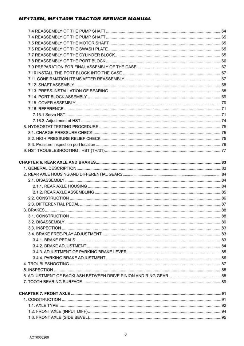 May include: A page from a tractor service manual, titled "MF1735M, MF1740M TRACTOR SERVICE MANUAL." The table of contents lists various repair and maintenance procedures for the tractor's components, including the pump shaft, brakes, and axles.