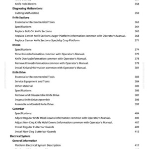 Puede incluir: Un &iacute;ndice detallado de un manual, con secciones sobre procedimientos de servicio seguros, secciones de cuchillos y sistemas el&eacute;ctricos. Los n&uacute;meros de p&aacute;gina se enumeran a la derecha.