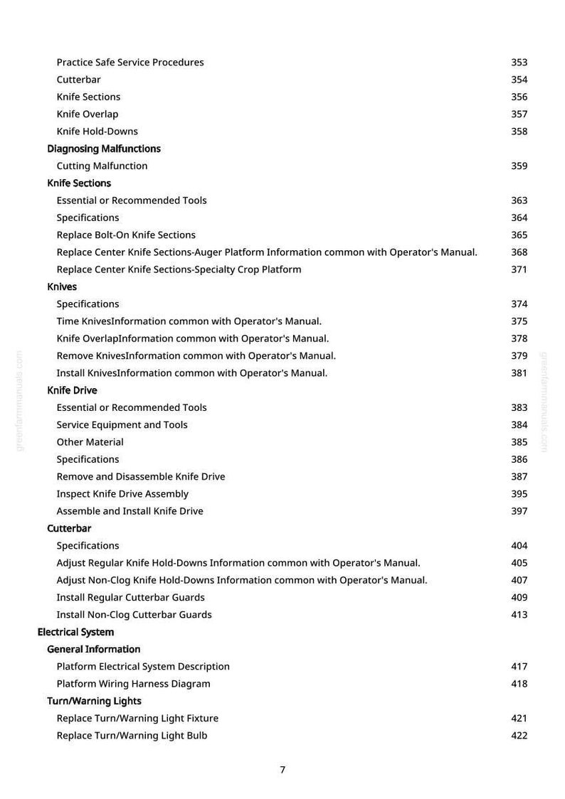 Puede incluir: Un &iacute;ndice detallado de un manual, con secciones sobre procedimientos de servicio seguros, secciones de cuchillos y sistemas el&eacute;ctricos. Los n&uacute;meros de p&aacute;gina se enumeran a la derecha.