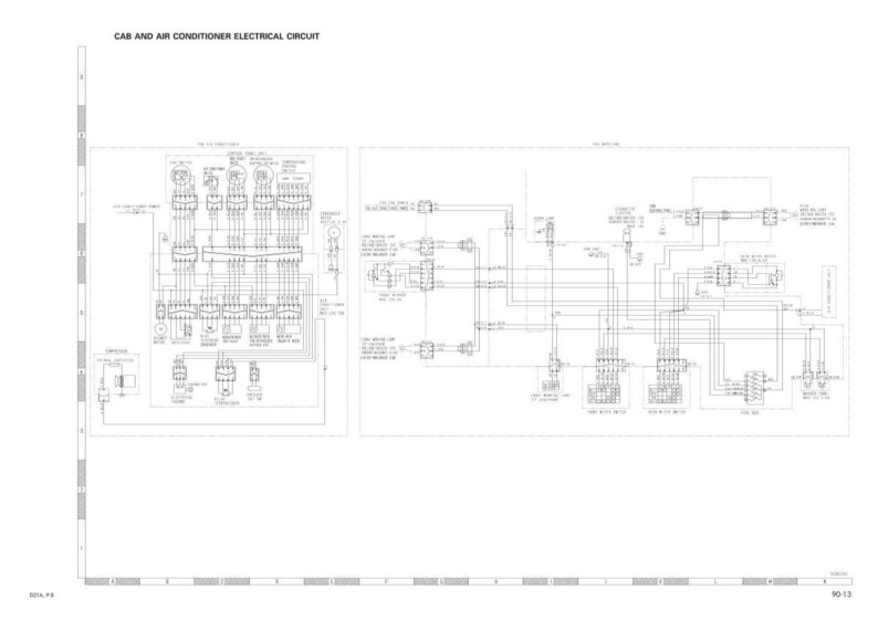 May include: A detailed schematic diagram of a cab and air conditioner electrical circuit. The diagram is in black and white, with numerous lines, symbols, and text labels. The title "CAB AND AIR CONDITIONER ELECTRICAL CIRCUIT" is at the top.