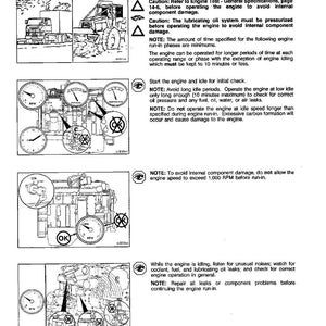 Może przedstawiać: Strona instrukcji technicznej zatytułowana &bdquo;Docieranie silnika - procedury og&oacute;lne&rdquo; z diagramami i instrukcjami. Strona zawiera ostrzeżenia dotyczące eksploatacji i konserwacji silnika, z ilustracjami maszyn i wskaźnik&oacute;w.