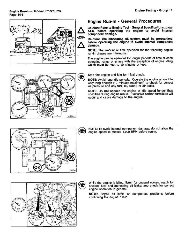 Może przedstawiać: Strona instrukcji technicznej zatytułowana &bdquo;Docieranie silnika - procedury og&oacute;lne&rdquo; z diagramami i instrukcjami. Strona zawiera ostrzeżenia dotyczące eksploatacji i konserwacji silnika, z ilustracjami maszyn i wskaźnik&oacute;w.