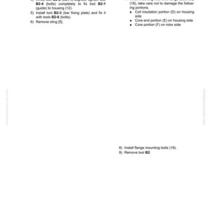 Op de afbeelding: Een technische tekening met instructies voor het verwijderen en installeren van een motor-generator en behuizingsassemblage. De tekst bevat stappen voor het gebruik van gereedschappen B2-2, B2-4, B2-3 en B2-6, samen met aantekeningen over het plaatsen van de rotor- en flensassemblage.