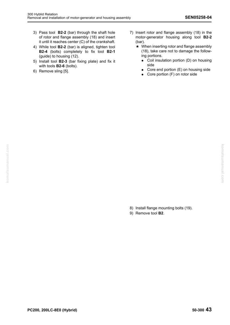 Op de afbeelding: Een technische tekening met instructies voor het verwijderen en installeren van een motor-generator en behuizingsassemblage. De tekst bevat stappen voor het gebruik van gereedschappen B2-2, B2-4, B2-3 en B2-6, samen met aantekeningen over het plaatsen van de rotor- en flensassemblage.
