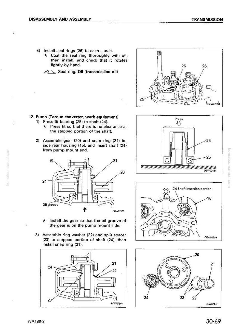 May include: Diagram of transmission components with labels and instructions for disassembly and assembly. Includes illustrations of seal rings, gears, shafts, and other parts. Text includes "DISASSEMBLY AND ASSEMBLY" and "TRANSMISSION".