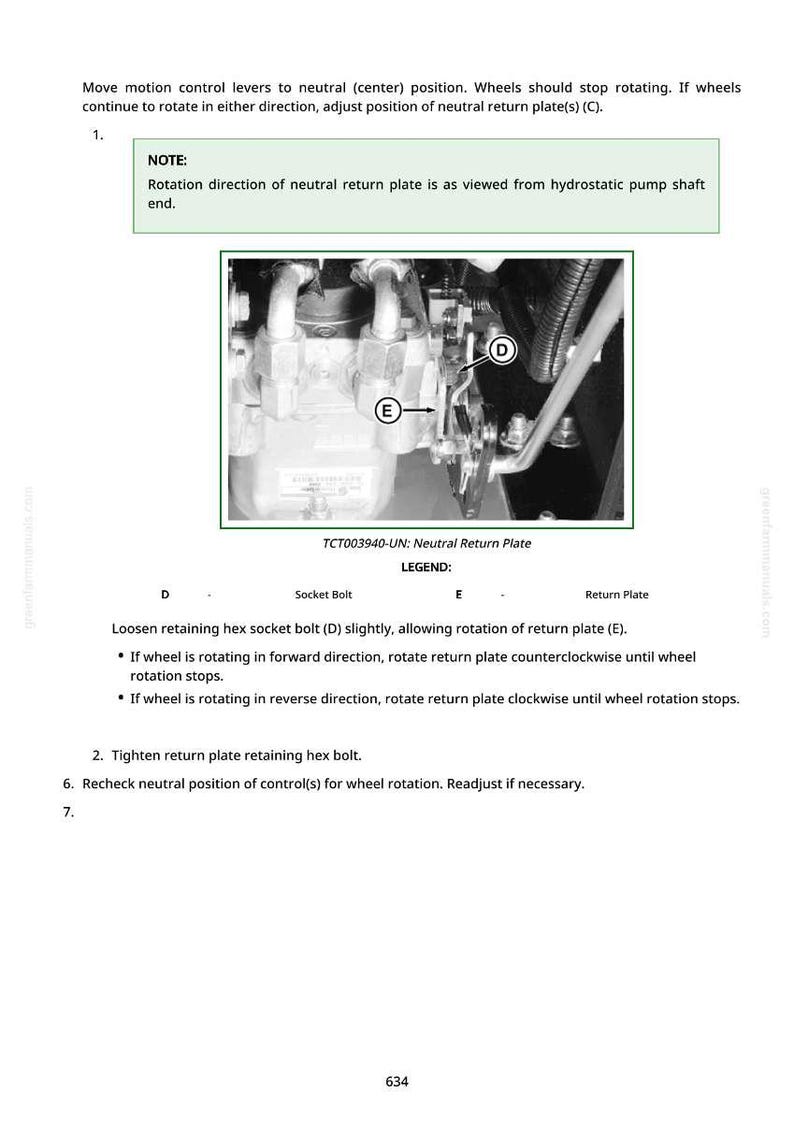 May include: Diagram of a machine component with text instructions. The image shows a close-up of mechanical parts, including a socket bolt and return plate. Text provides steps for adjusting the neutral return plate for wheel rotation.