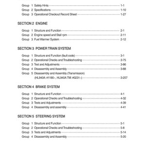 May include: A detailed contents page from a manual, with sections on general information, engine, power train, brake, and steering systems. The text is black on a white background, with section titles and page numbers.
