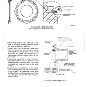 May include: Technical diagram of a piston rework, with detailed cross-sections and annotations. Includes measurements in inches, such as a 0.75-inch deep tap hole and a 0.121-inch minimum plate thickness.