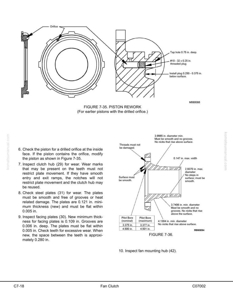 May include: Technical diagram of a piston rework, with detailed cross-sections and annotations. Includes measurements in inches, such as a 0.75-inch deep tap hole and a 0.121-inch minimum plate thickness.