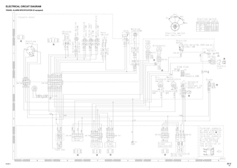 May include: A detailed electrical circuit diagram with the title "ELECTRICAL CIRCUIT DIAGRAM" and "TRAVEL ALARM SPECIFICATION (if equipped)". The diagram is in black and white, showing various components and wiring.