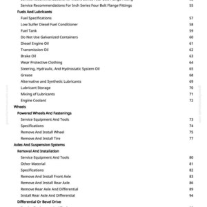 Pode incluir: Uma p&aacute;gina de um manual com um &iacute;ndice. Os t&iacute;tulos incluem recomenda&ccedil;&otilde;es de servi&ccedil;o, combust&iacute;veis, lubrificantes, rodas, eixos e sistemas de suspens&atilde;o. Os n&uacute;meros das p&aacute;ginas est&atilde;o listados &agrave; direita.