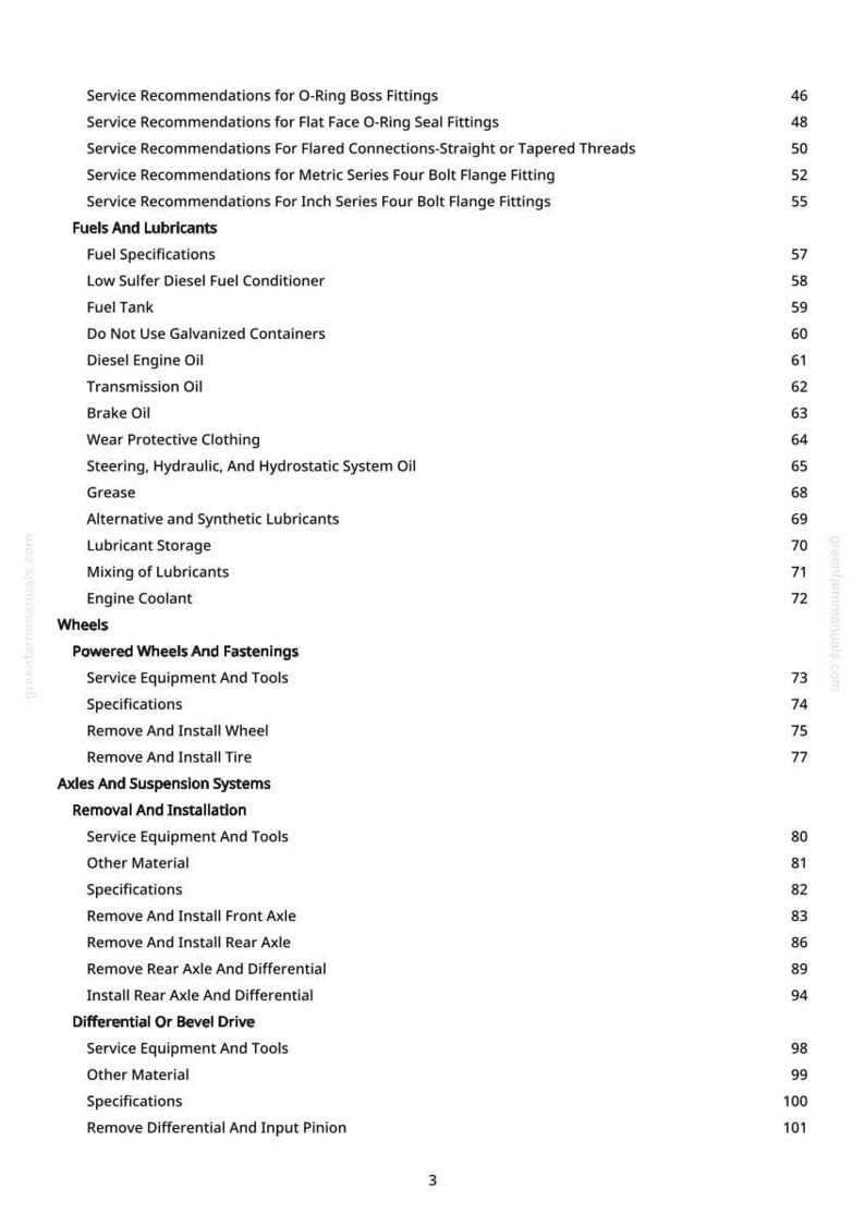 Pode incluir: Uma p&aacute;gina de um manual com um &iacute;ndice. Os t&iacute;tulos incluem recomenda&ccedil;&otilde;es de servi&ccedil;o, combust&iacute;veis, lubrificantes, rodas, eixos e sistemas de suspens&atilde;o. Os n&uacute;meros das p&aacute;ginas est&atilde;o listados &agrave; direita.