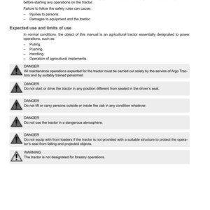 May include: A white page from a manual with the title "TECHNICAL NOTES" and the Argo Tractors logo. The text details safety rules, expected use, and limits of use for a tractor, including warnings and dangers.
