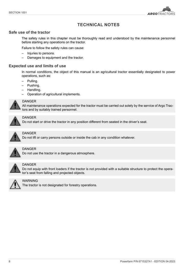 May include: A white page from a manual with the title "TECHNICAL NOTES" and the Argo Tractors logo. The text details safety rules, expected use, and limits of use for a tractor, including warnings and dangers.