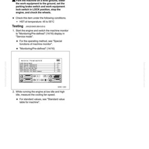 Puede incluir: Una p&aacute;gina de manual que detalla los procedimientos de prueba del sistema hidr&aacute;ulico. El texto incluye instrucciones para probar la velocidad del ventilador de refrigeraci&oacute;n, con un diagrama de la pantalla del monitor de la m&aacute;quina. La temperatura del aceite HST debe estar entre 45 y 55 grados Celsius.
