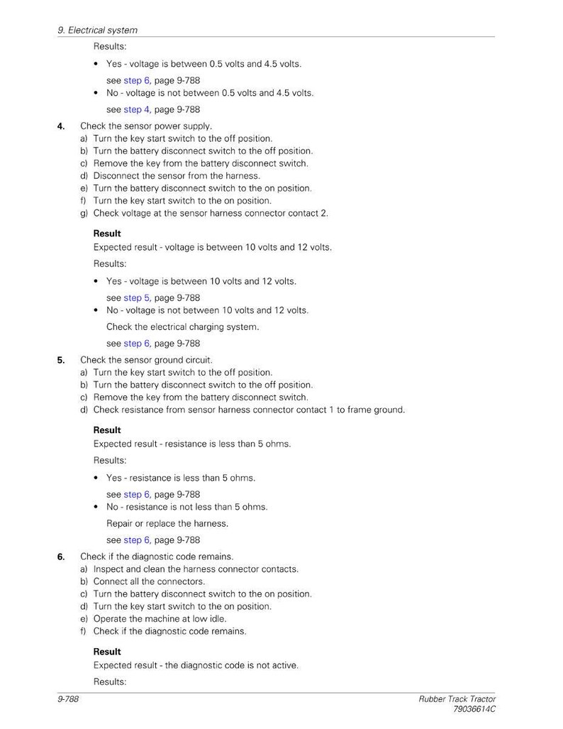 May include: A page from a manual detailing electrical system checks, including voltage and resistance tests. The text includes instructions for checking the sensor power supply and ground circuit, with expected results and page references.
