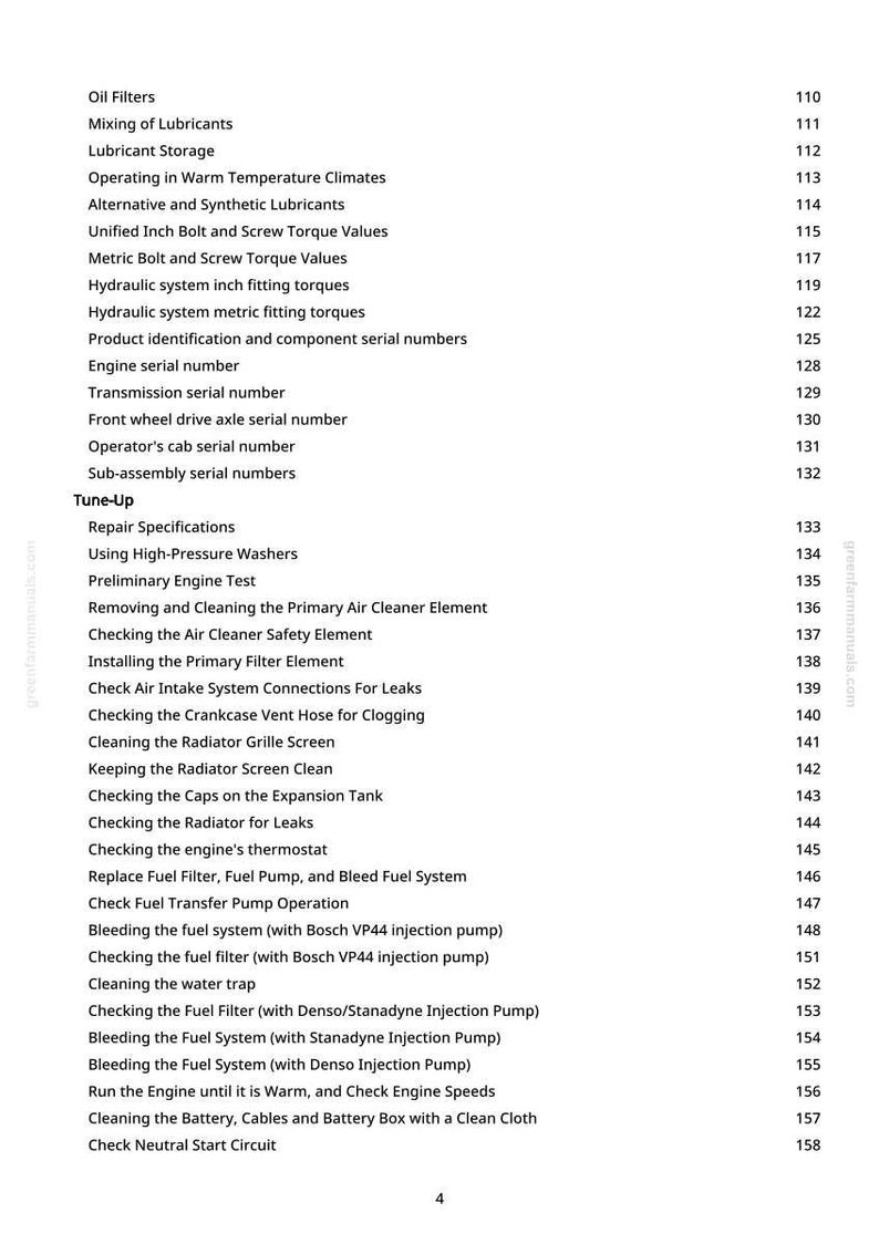 Peut inclure: Une page blanche avec une table des mati&egrave;res d&eacute;taill&eacute;e pour un manuel. Les sujets incluent les filtres &agrave; huile, les lubrifiants, la mise au point du moteur et l'entretien du syst&egrave;me de carburant. Les num&eacute;ros de page sont list&eacute;s &agrave; droite.