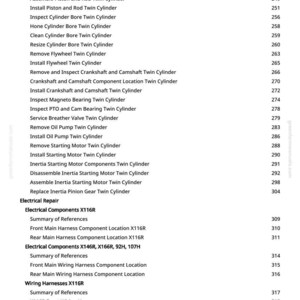 May include: A white page with a list of mechanical repair procedures for a twin cylinder engine. The text includes terms like "Remove Piston", "Install Flywheel", and "Electrical Components X116R".