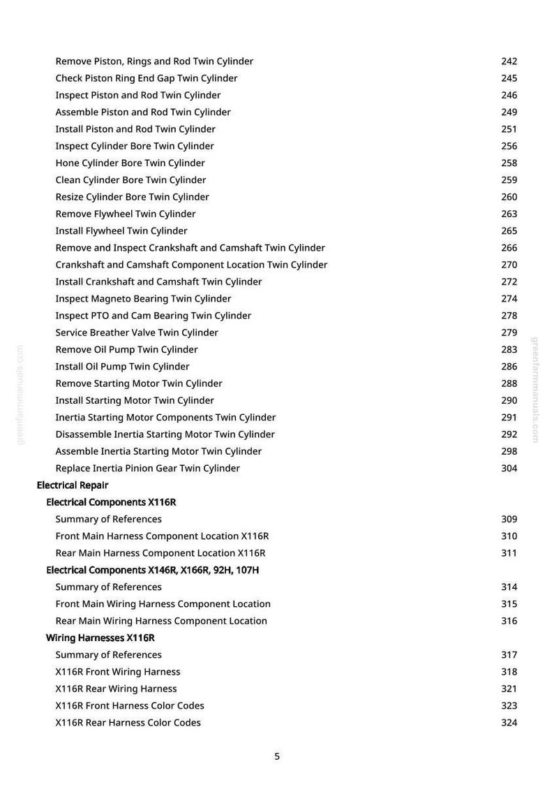 May include: A white page with a list of mechanical repair procedures for a twin cylinder engine. The text includes terms like "Remove Piston", "Install Flywheel", and "Electrical Components X116R".