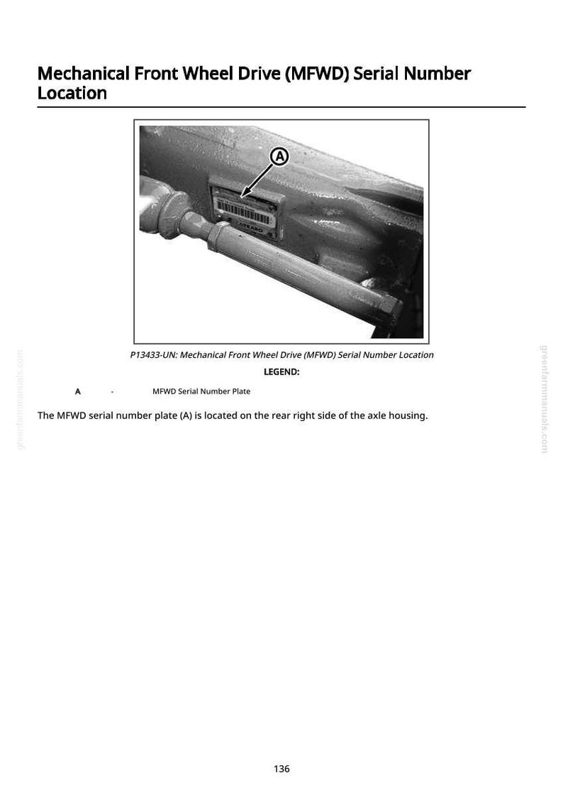Puede incluir: Diagrama que muestra la ubicaci&oacute;n de la placa del n&uacute;mero de serie Mechanical Front Wheel Drive (MFWD) (A) en el lado trasero derecho de la carcasa del eje. La imagen incluye el texto "Mechanical Front Wheel Drive (MFWD) Serial Number Location."