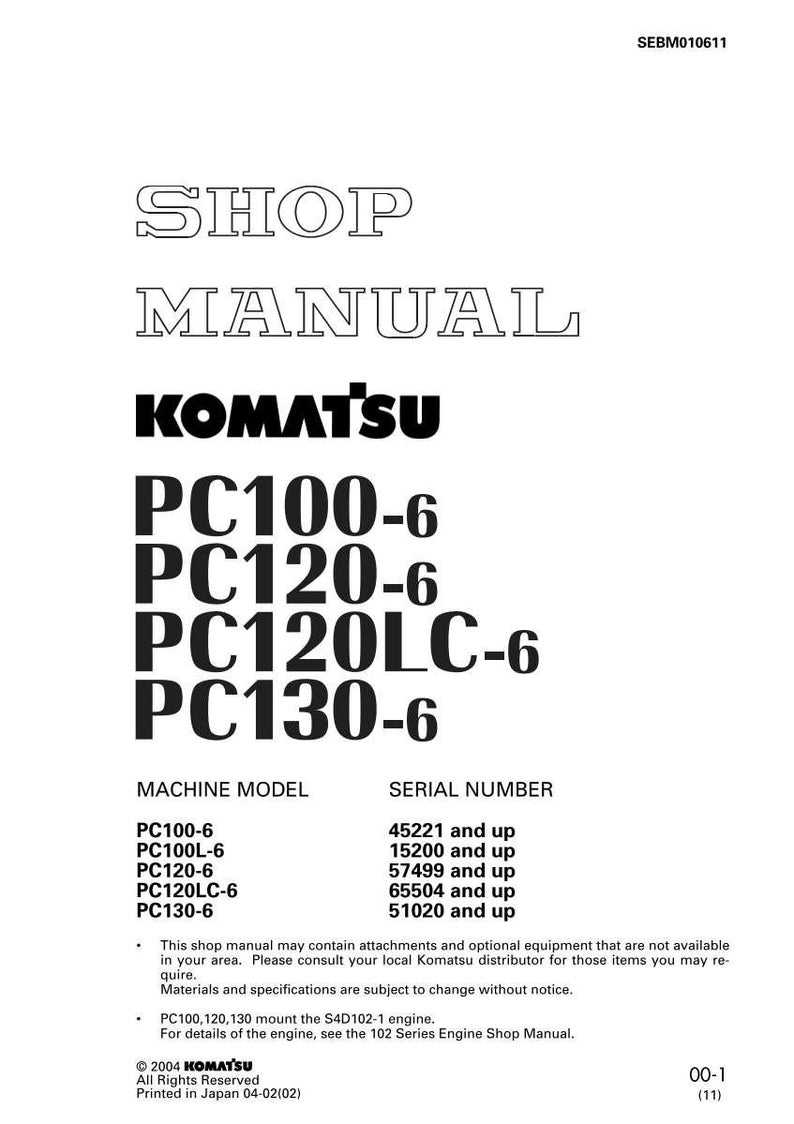 Op de afbeelding: Een Komatsu werkplaatshandboek met de tekst "SHOP MANUAL" en het Komatsu logo. Het behandelt de machinemodellen PC100-6, PC120-6, PC120LC-6 en PC130-6. Serienummers worden ook vermeld.