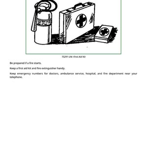 Puede incluir: Ilustraci&oacute;n en blanco y negro de elementos de preparaci&oacute;n para emergencias. Incluye un extintor, un botiqu&iacute;n con asa y un botiqu&iacute;n m&aacute;s peque&ntilde;o. El texto "Prepare for Emergencies" est&aacute; en la parte superior.
