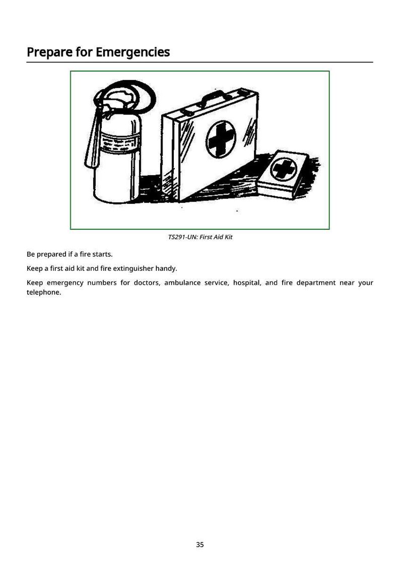 Puede incluir: Ilustraci&oacute;n en blanco y negro de elementos de preparaci&oacute;n para emergencias. Incluye un extintor, un botiqu&iacute;n con asa y un botiqu&iacute;n m&aacute;s peque&ntilde;o. El texto "Prepare for Emergencies" est&aacute; en la parte superior.