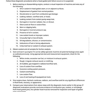Puede incluir: Una p&aacute;gina de manual que detalla los procedimientos de diagn&oacute;stico para fallas en la junta de la culata. El texto enumera los pasos para inspeccionar fugas de aceite o refrigerante, incluida la verificaci&oacute;n de decoloraci&oacute;n, fugas y niveles inusuales. La p&aacute;gina incluye el texto "Fuga del sello de combusti&oacute;n: S&iacute;ntomas:" y el n&uacute;mero 109.