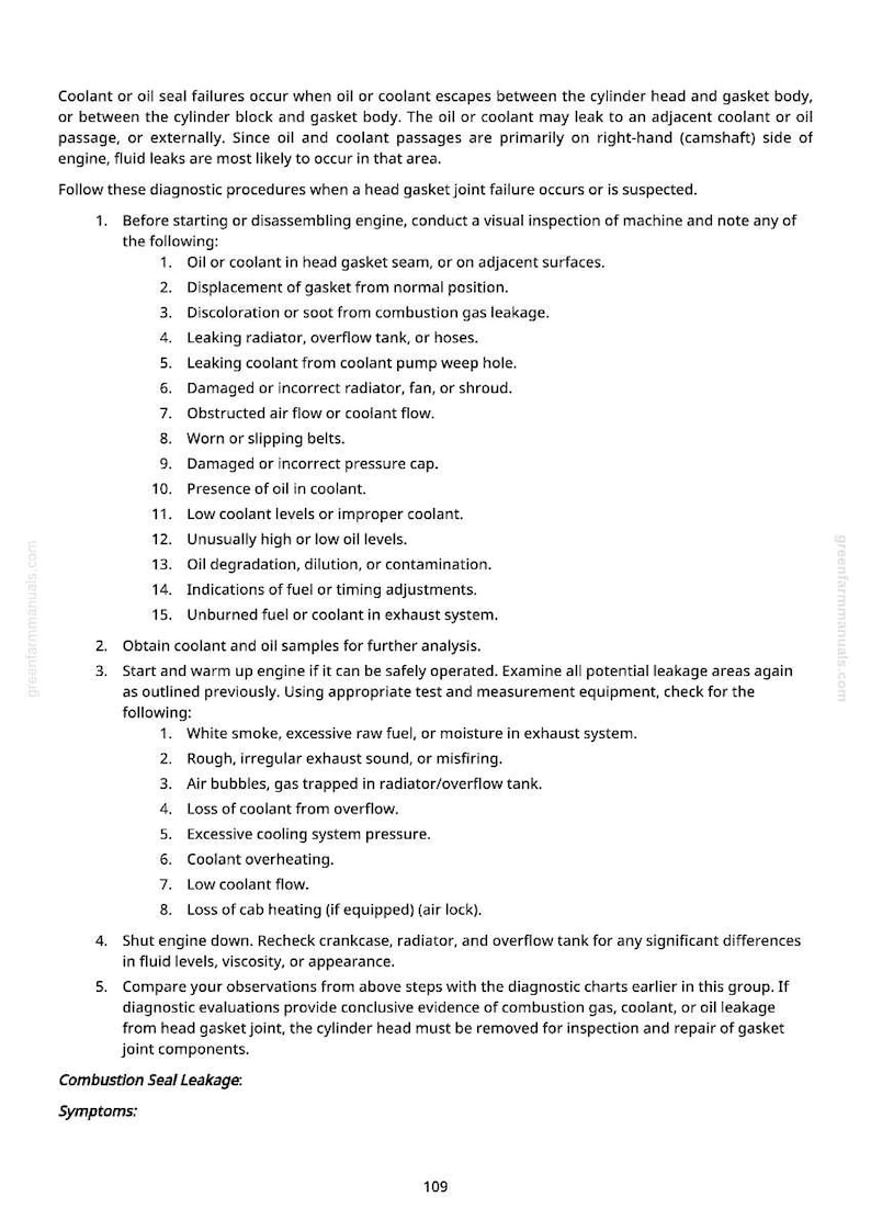 Puede incluir: Una p&aacute;gina de manual que detalla los procedimientos de diagn&oacute;stico para fallas en la junta de la culata. El texto enumera los pasos para inspeccionar fugas de aceite o refrigerante, incluida la verificaci&oacute;n de decoloraci&oacute;n, fugas y niveles inusuales. La p&aacute;gina incluye el texto "Fuga del sello de combusti&oacute;n: S&iacute;ntomas:" y el n&uacute;mero 109.