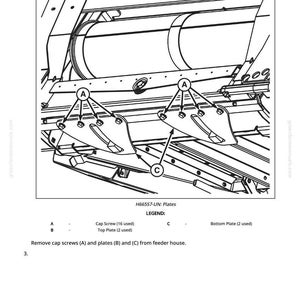 May include: Detailed black and white diagram of machinery components, including cap screws, top plates, and bottom plates. The diagram is labeled with letters and numbers for identification and assembly instructions. Text at the bottom indicates the removal of screws and plates.