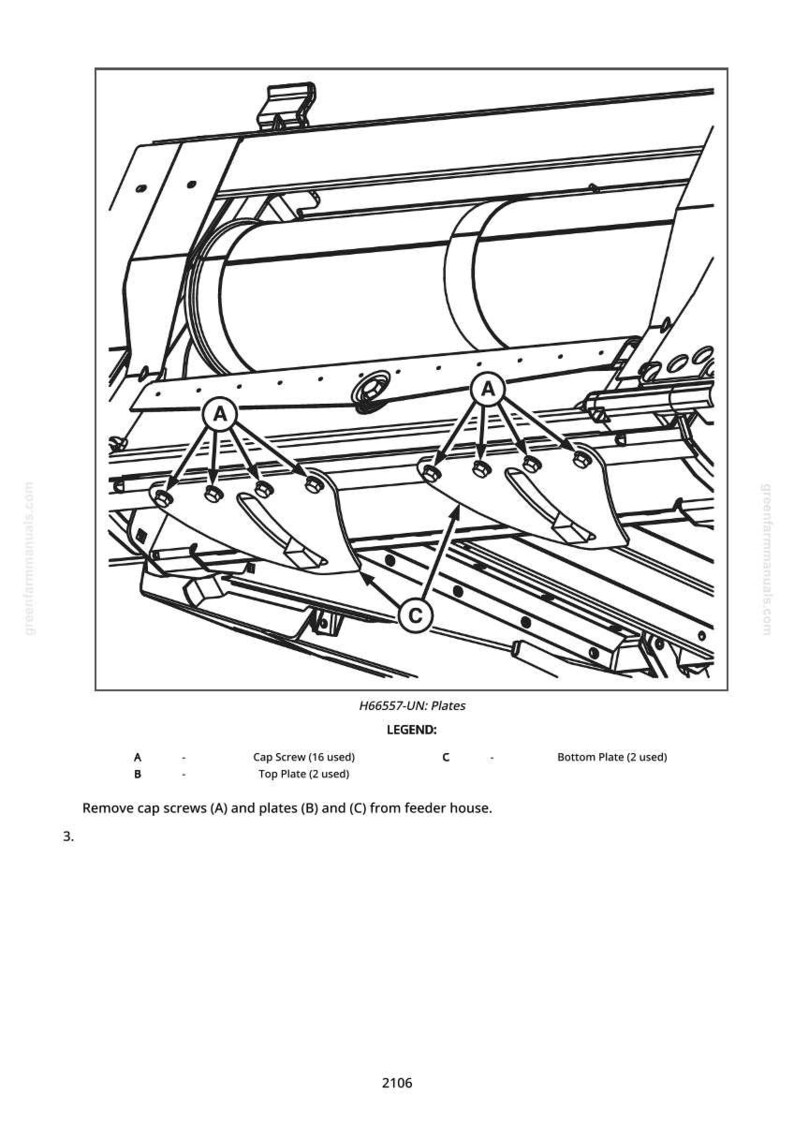 May include: Detailed black and white diagram of machinery components, including cap screws, top plates, and bottom plates. The diagram is labeled with letters and numbers for identification and assembly instructions. Text at the bottom indicates the removal of screws and plates.