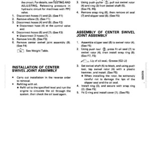 May include: A detailed technical diagram with instructions for removing, disassembling, installing, and assembling a center swivel joint assembly. The text includes numbered steps and diagrams for mechanical procedures.