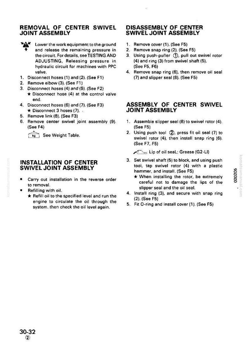 May include: A detailed technical diagram with instructions for removing, disassembling, installing, and assembling a center swivel joint assembly. The text includes numbered steps and diagrams for mechanical procedures.
