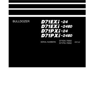 May include: A black and white shop manual for a bulldozer. The manual includes the text "Shop Manual" and "BULLDOZER" along with model numbers D71EXi-24, D71EXi-24E0, D71PXi-24, and D71PXi-24E0. The Komatsu logo is at the bottom.