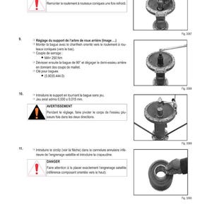 May include: Diagrams from a manual detailing automotive repair procedures. The images show various mechanical components, including bearings and gears, with accompanying text in French. Warnings and instructions are highlighted.