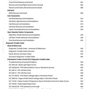 May include: A page from a manual with a list of automotive repair procedures and diagnostic trouble codes. The text includes topics like "Control Console," "Cab Components," and various fault codes.