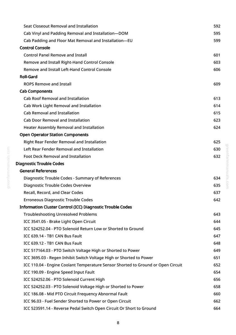 May include: A page from a manual with a list of automotive repair procedures and diagnostic trouble codes. The text includes topics like "Control Console," "Cab Components," and various fault codes.