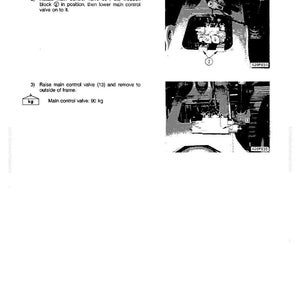 May include: Diagram from a manual showing the disassembly and assembly of a main control valve. The text includes instructions to rotate the valve and remove it from the frame. The valve weighs 90 kg.
