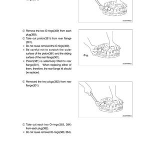 May include: Diagram of the removal of inner parts of a rear flange assembly. The steps include removing plugs, O-rings, and a piston from the rear flange. A wrench is used in the process. Text instructions are included.